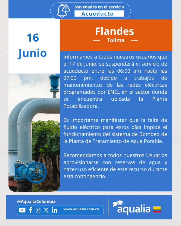 Suspensión temporal del servicio de acueducto en Flandes
